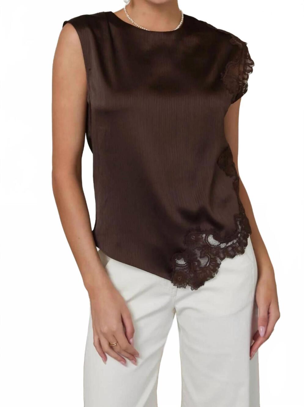 NEW SKIES ARE BLUE sleeveless lace trim asymmetrical top in brown